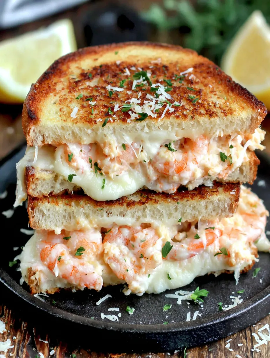 A grilled cheese sandwich with shrimp on top.