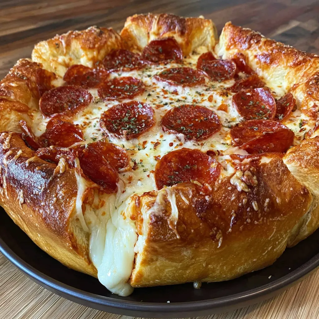 A close up of a stuffed crust pepperoni pizza.