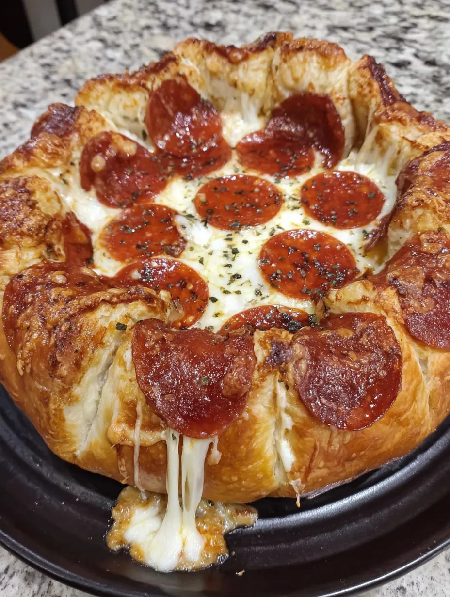 A close up of a stuffed crust pepperoni pizza.