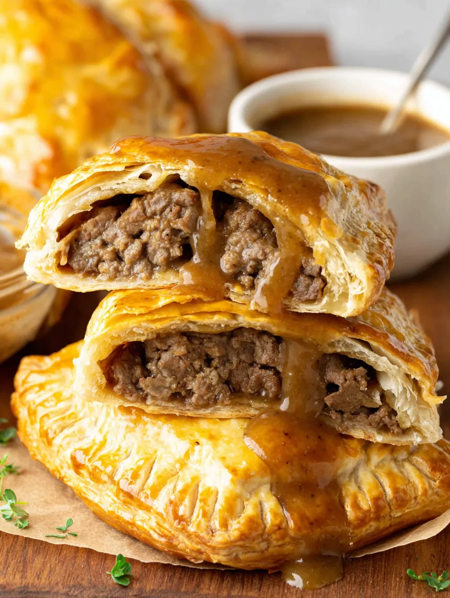 A close up of a steak bake with gravy.