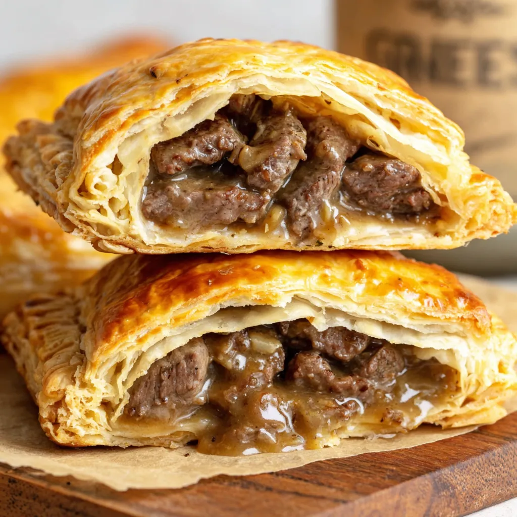 Two steak bakes with gravy.