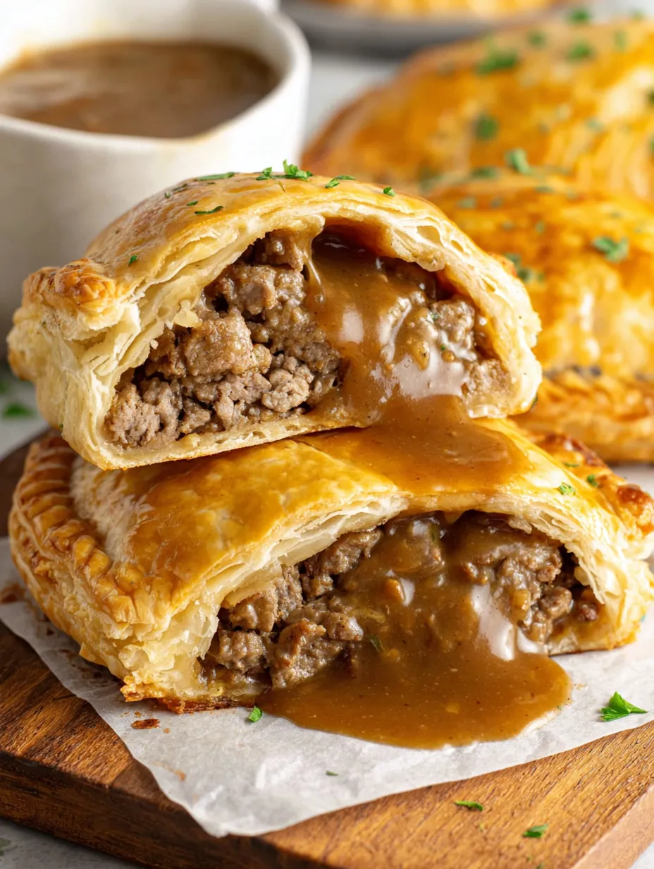 Two steak bakes with gravy.
