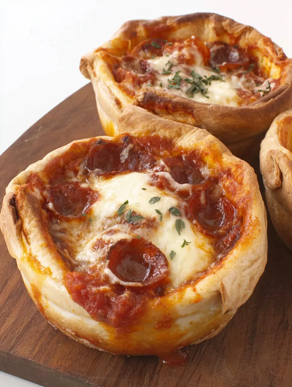 A pizza pot pie with cheese and pepperoni.
