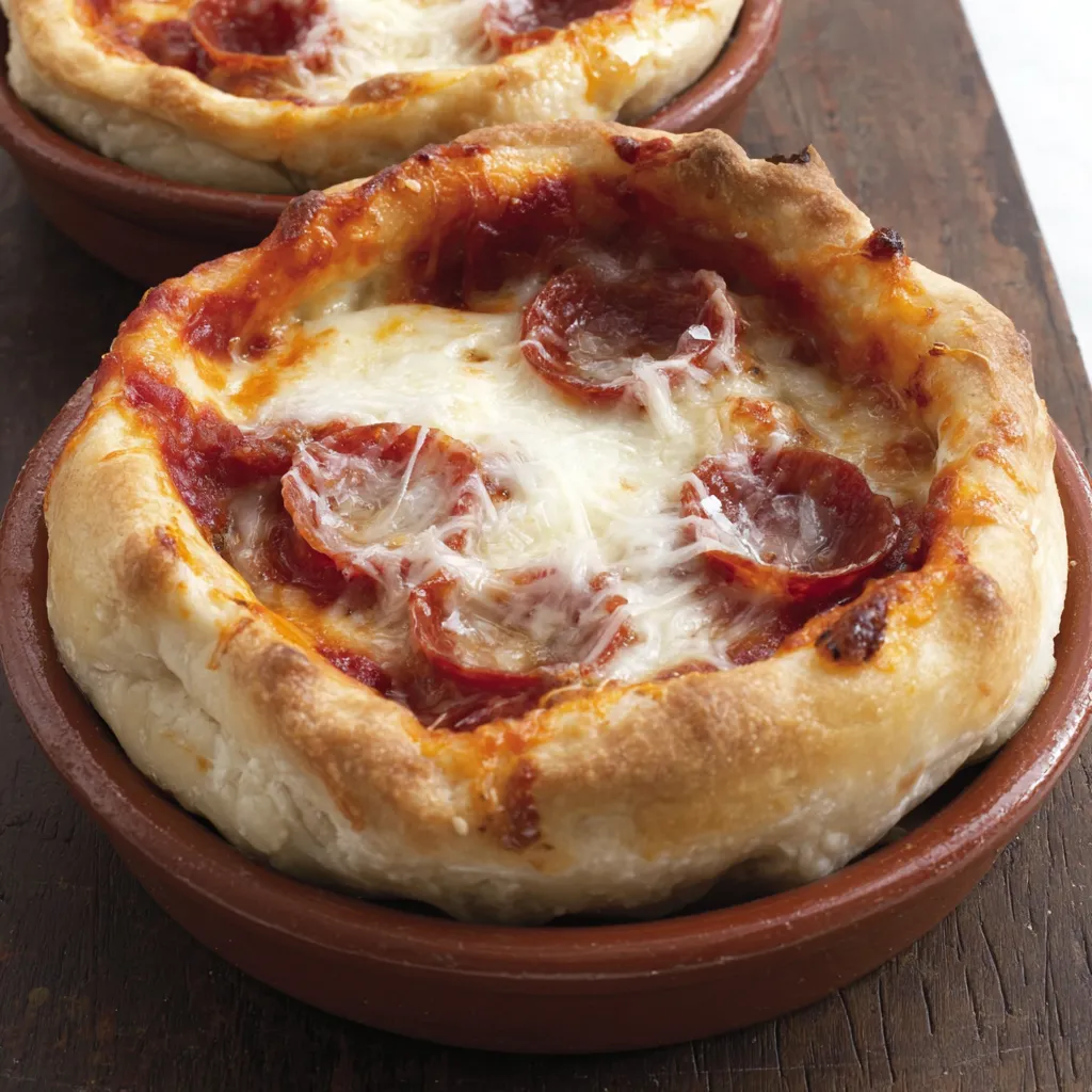 A pizza pot pie with cheese and pepperoni.