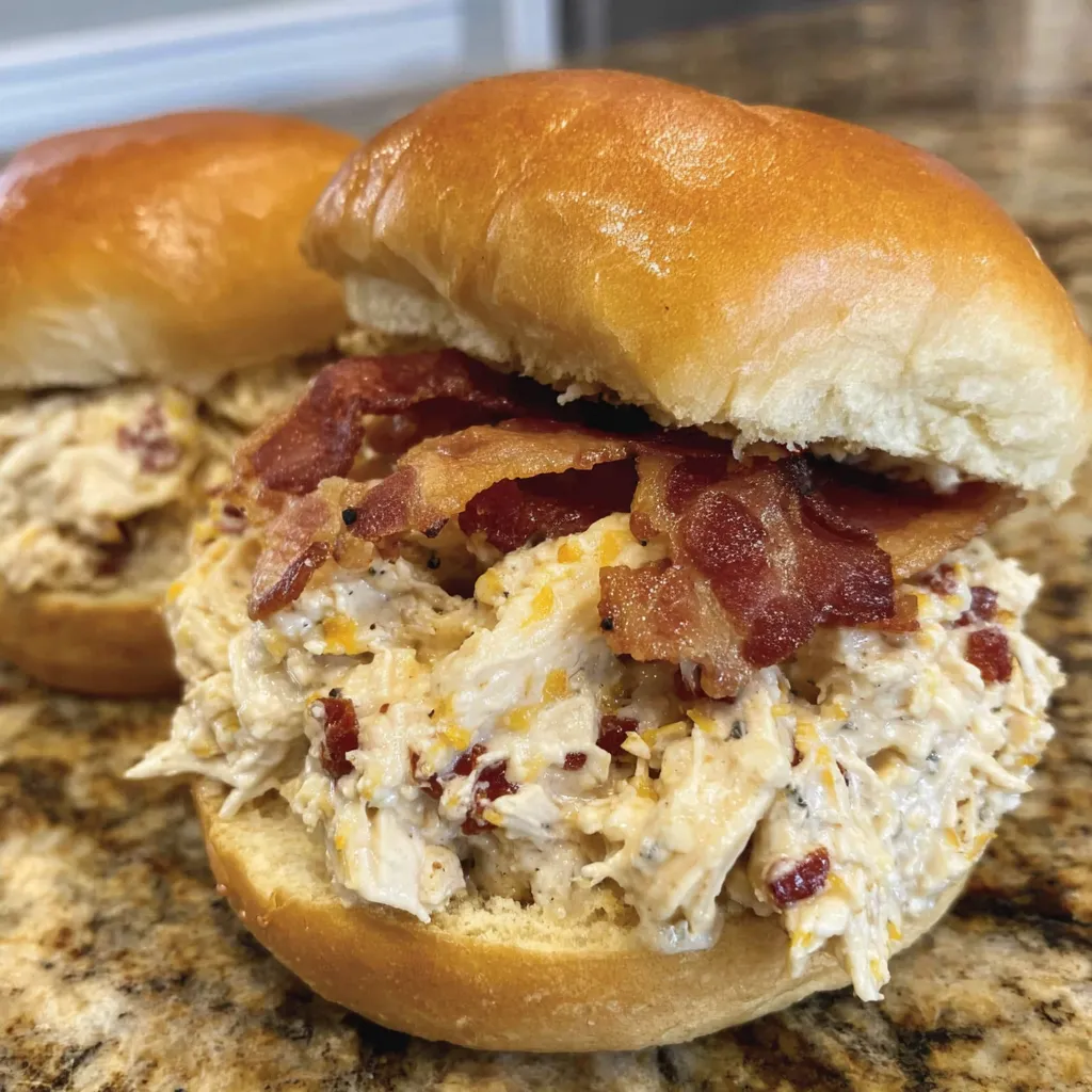 Two crockpot chicken sandwiches on a table.