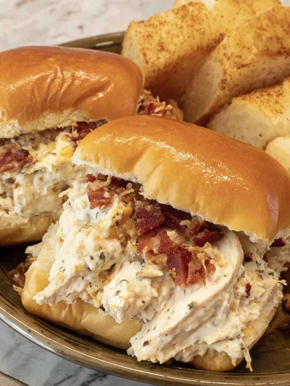 Two crockpot chicken sandwiches with bacon.
