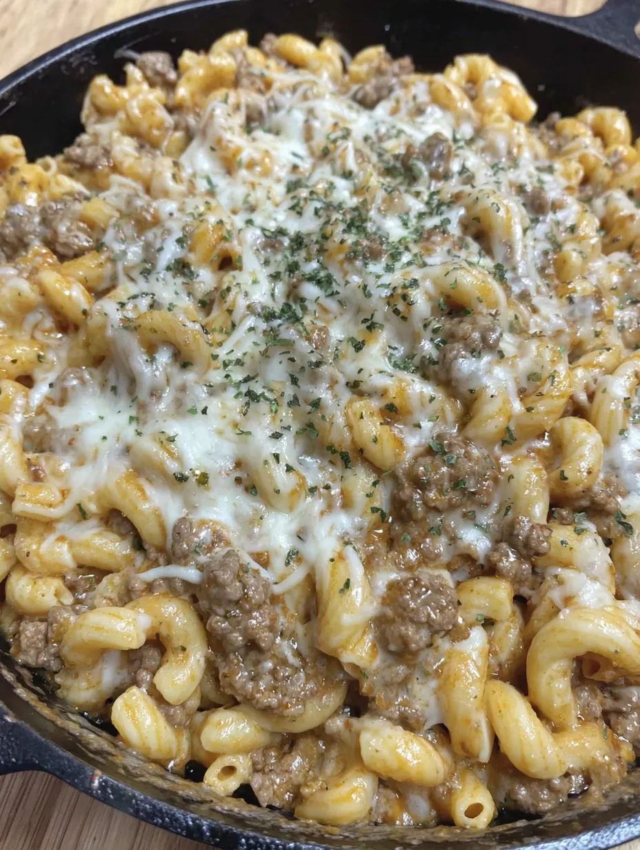 A homemade hamburger helper with meat and cheese.