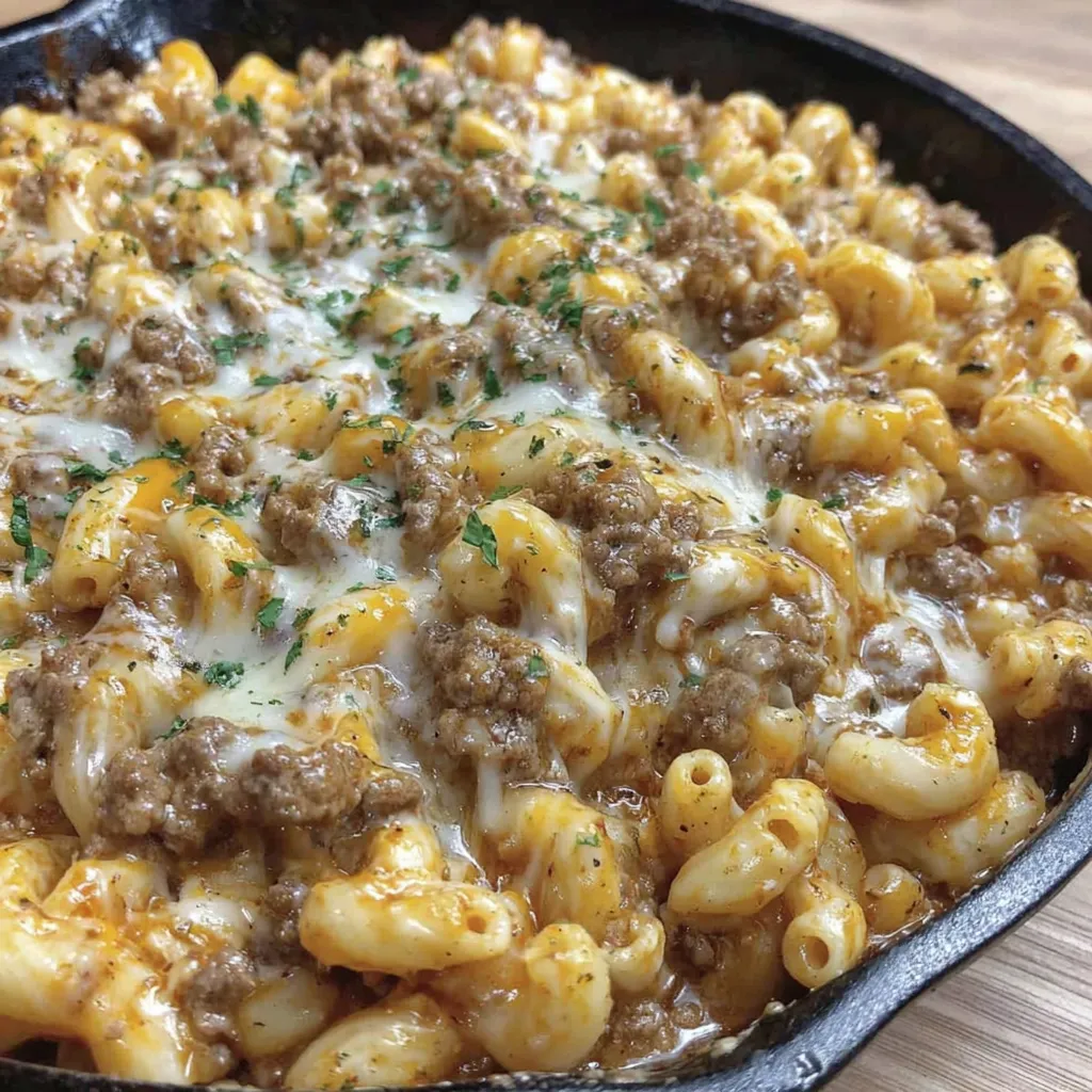 A homemade cheese steak hamburger helper.