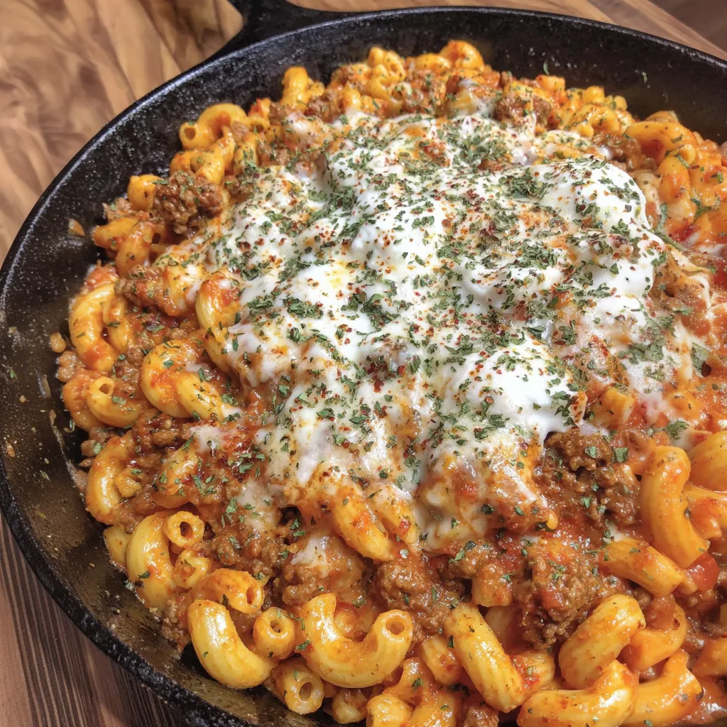 A close up of a homemade lasagna hamburger helper.
