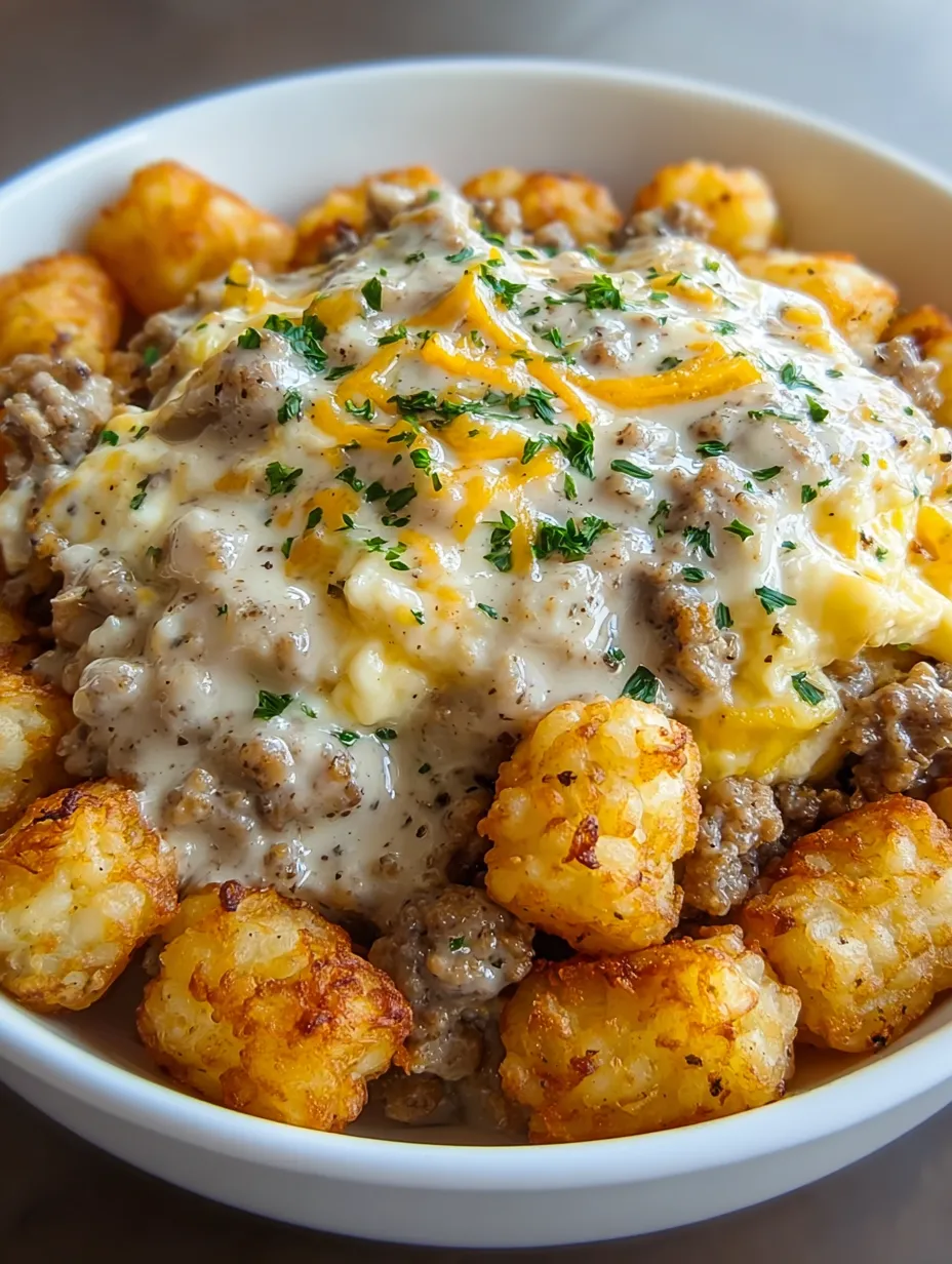 A bowl of food with cheese and tater tots.