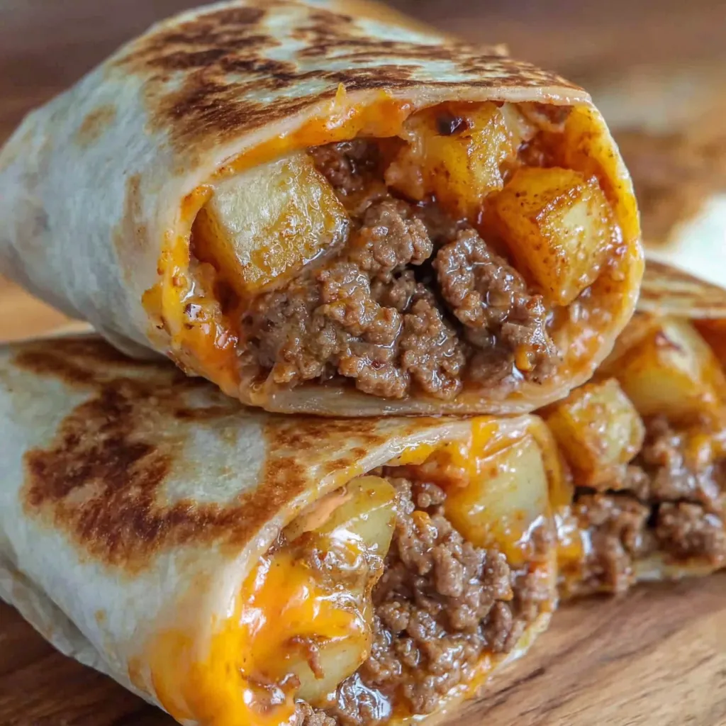 Two cheesy beef and potato burritos.