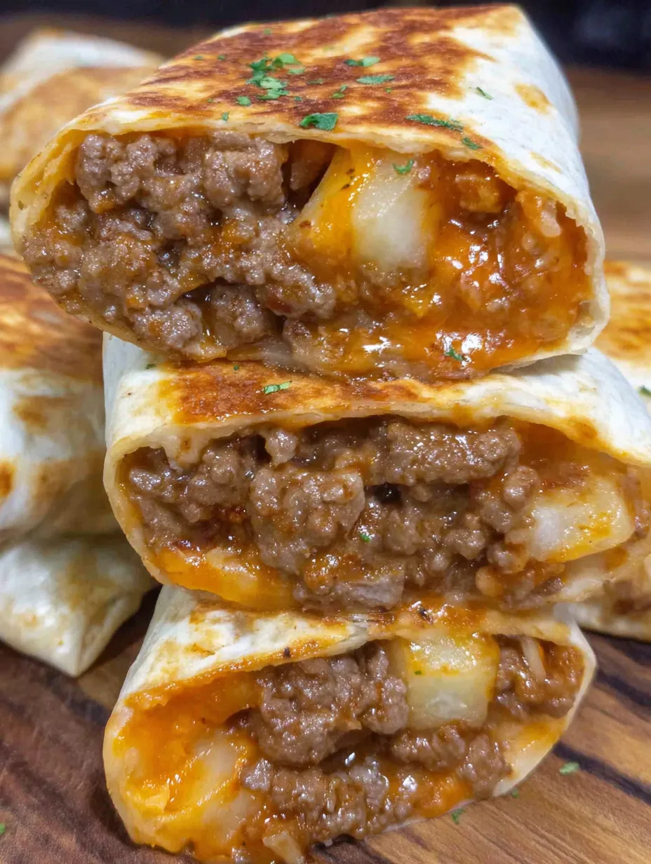 A stack of cheesy beef and potato burritos.