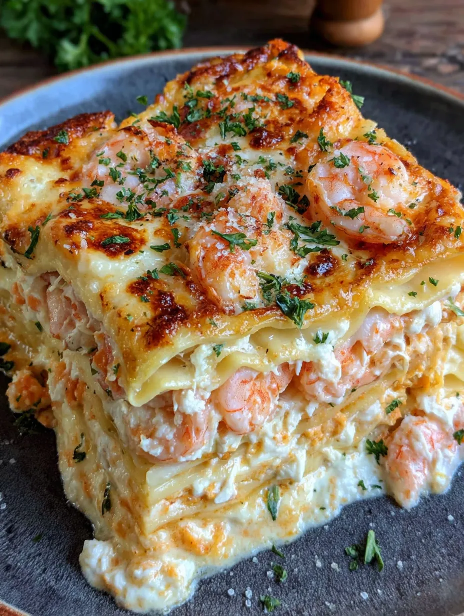 A seafood lasagna recipe with shrimp and cheese.