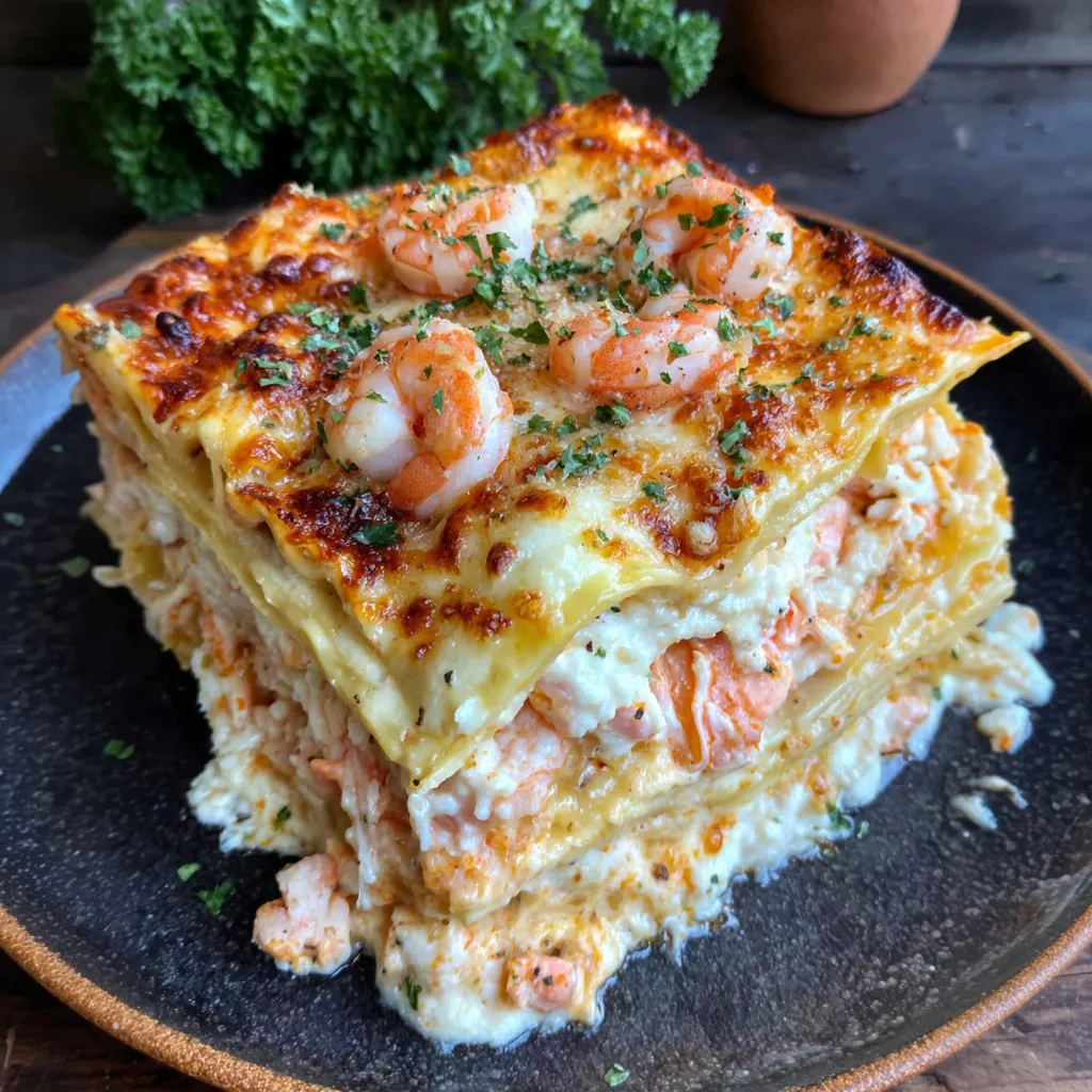 A stack of seafood lasagna on a plate.