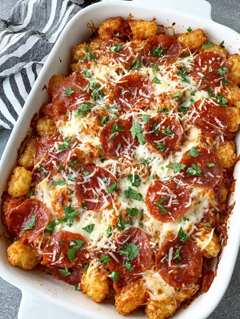 A dish of pepperoni pizza tater tot casserole.