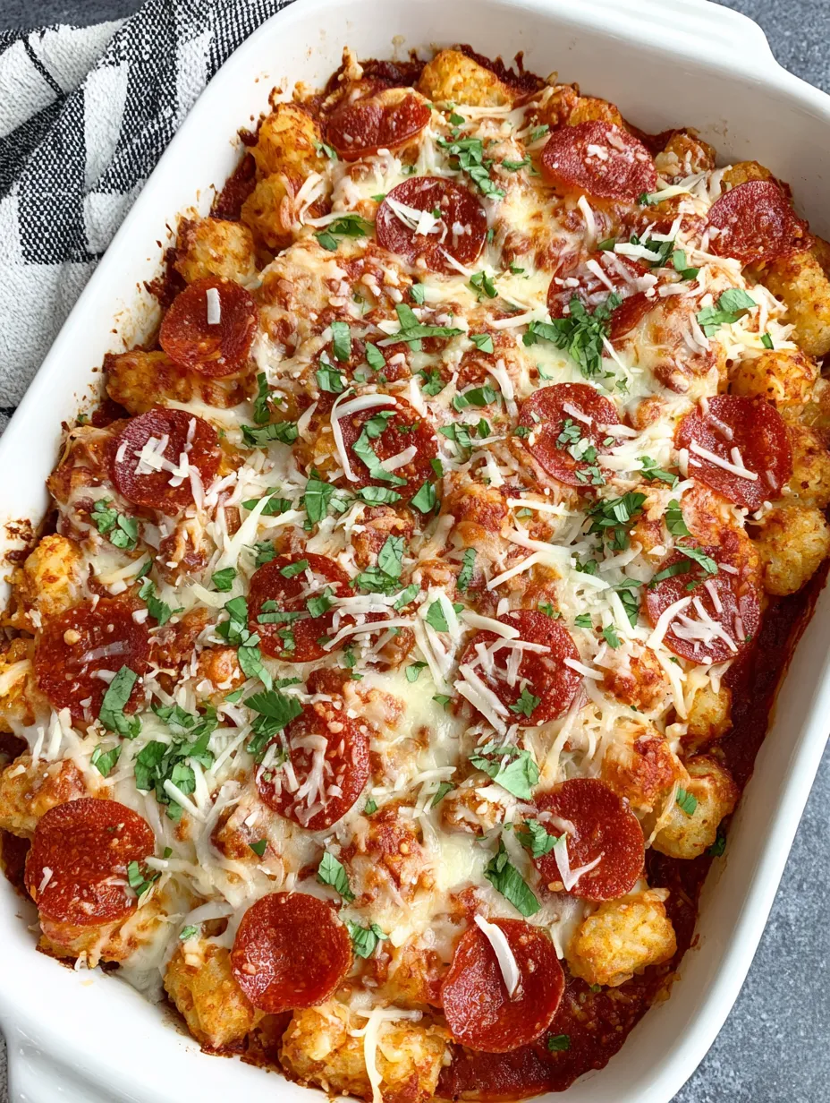 A delicious pepperoni pizza tater tot casserole.