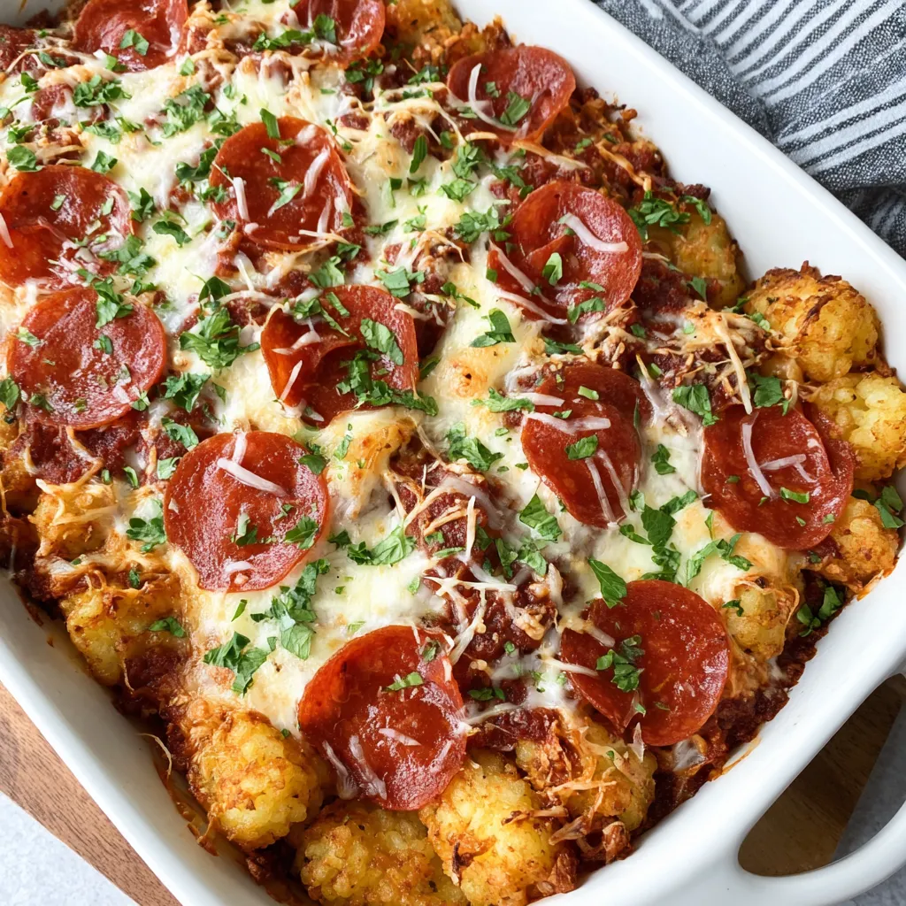 A white bowl filled with pepperoni pizza tater tot casserole.
