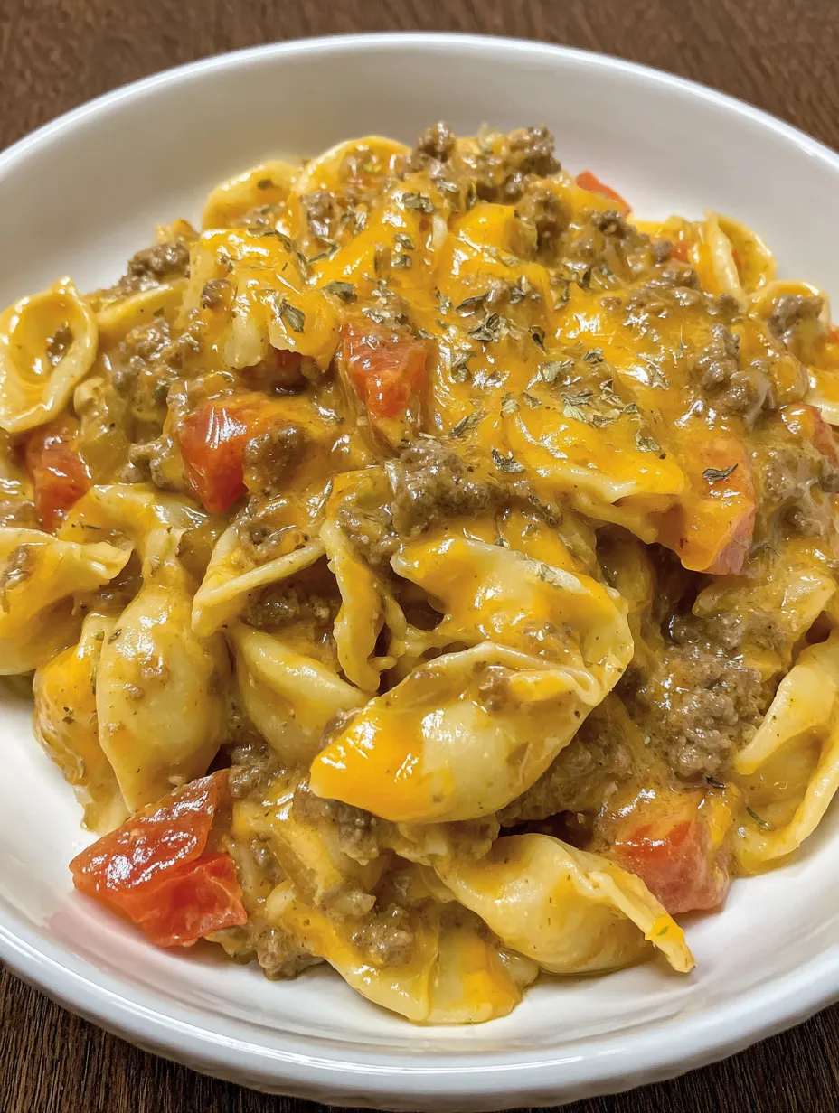 A bowl of pasta with meat and cheese.