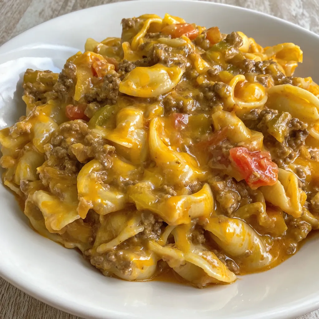 A plate of pasta with meat and cheese.