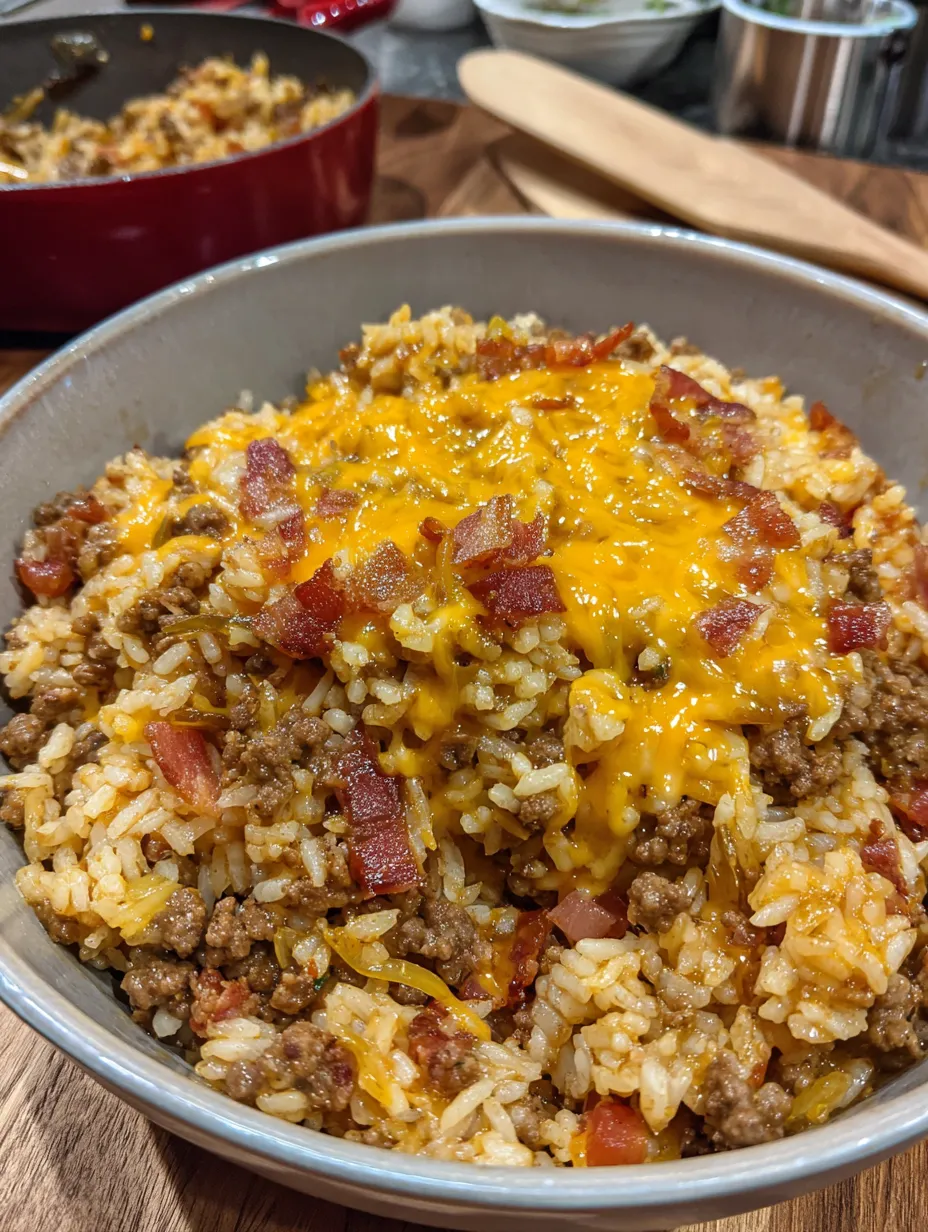 A bowl of rice with bacon and cheese.