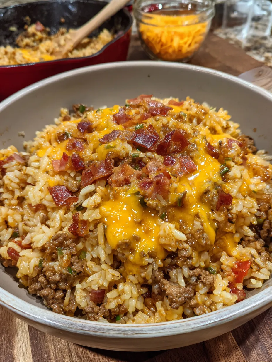 A bowl of rice with bacon and cheese on top.