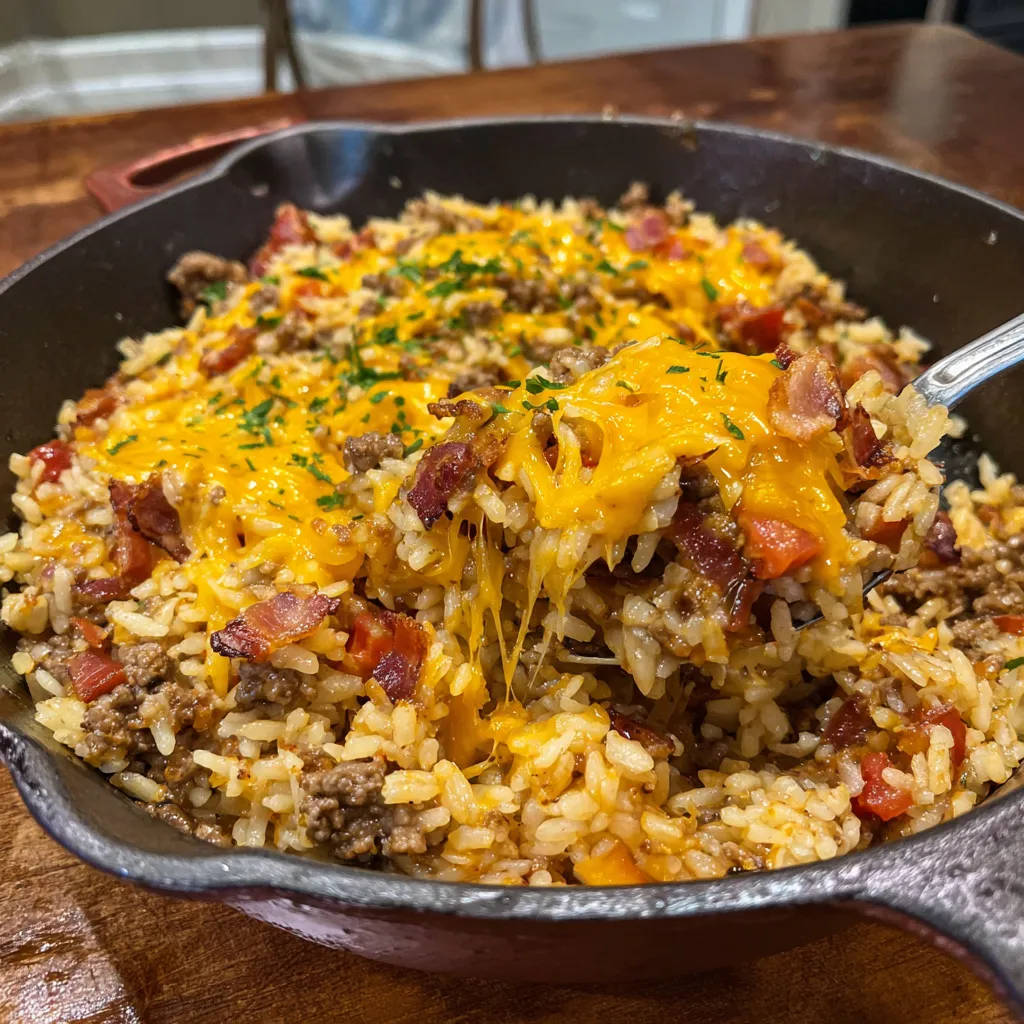A plate of bacon cheeseburger rice.