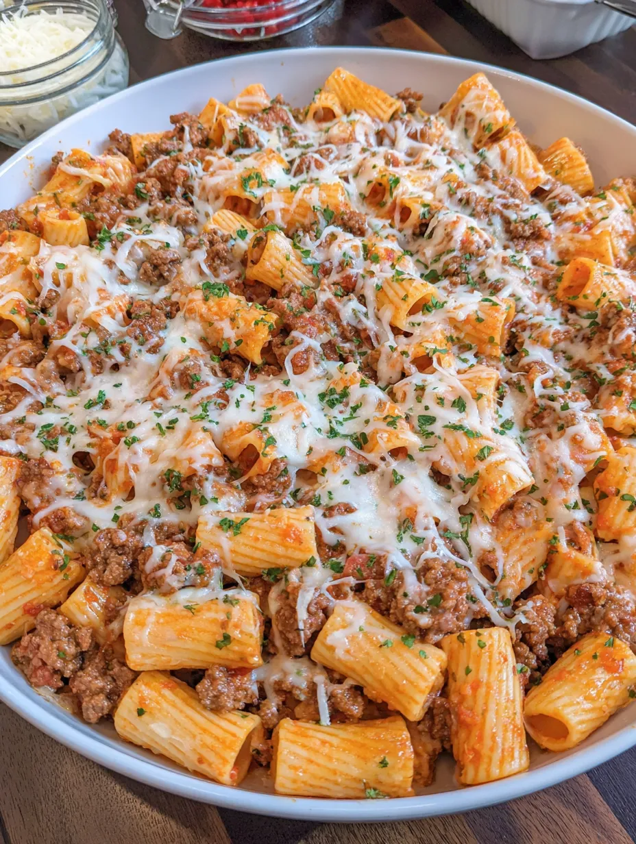 A bowl of cheesy beef rigatoni.