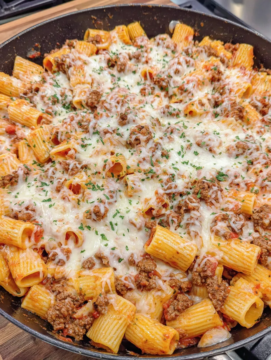 A dish of cheesy beef rigatoni.