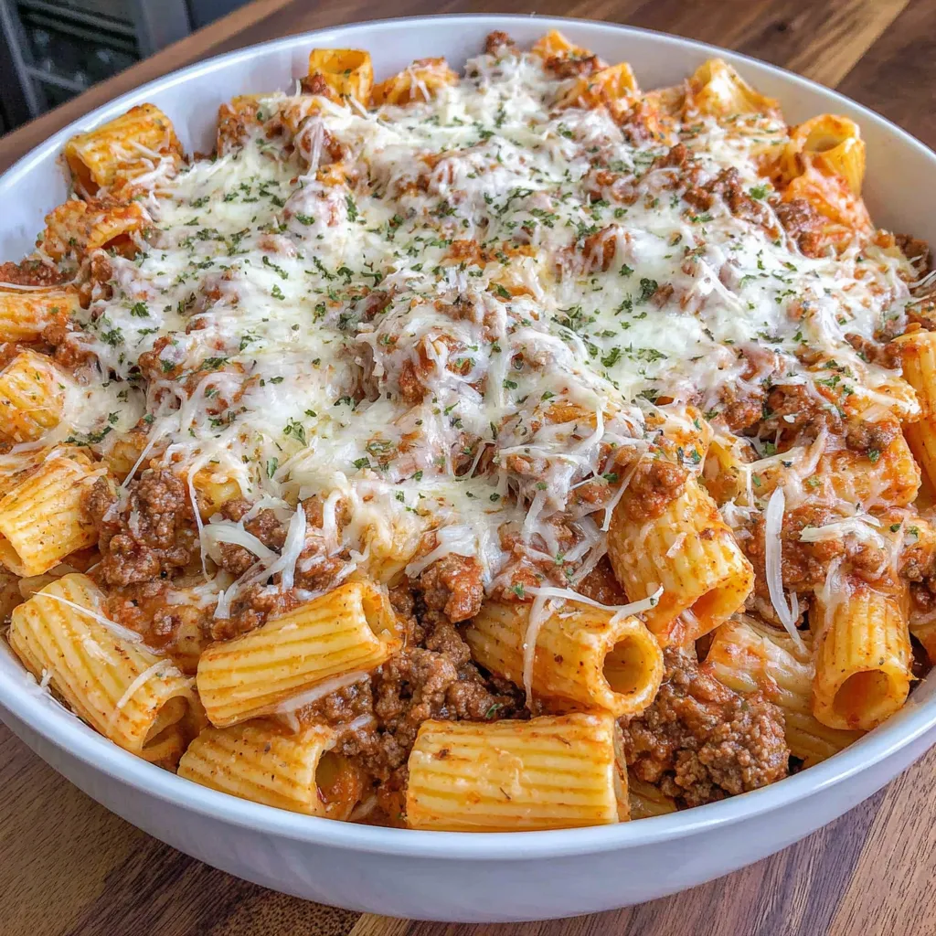 A bowl of cheesy beef rigatoni.