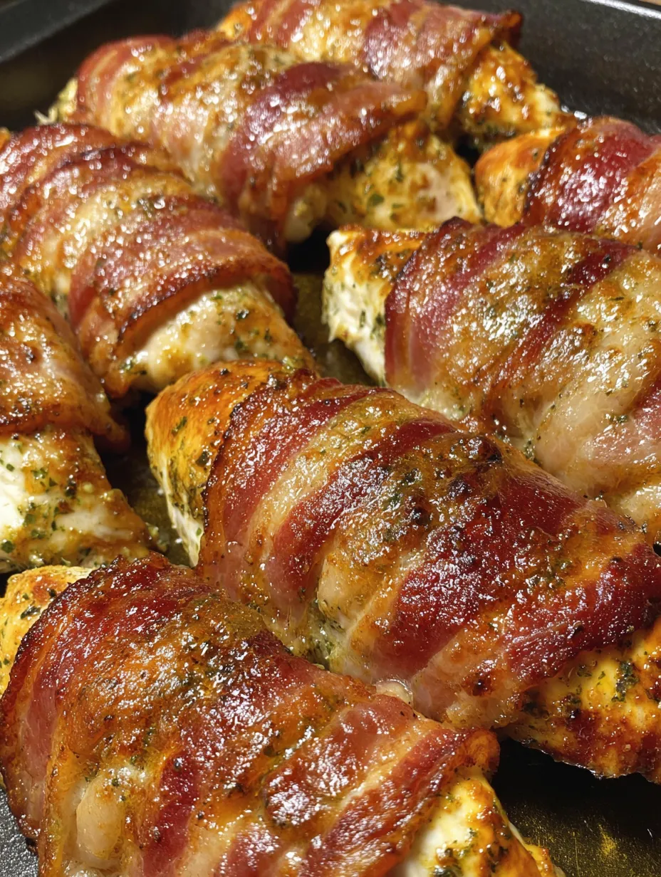 Bacon wrapped chicken with a ranch sauce.