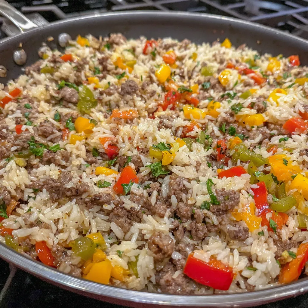 A pan of rice with meat and vegetables.