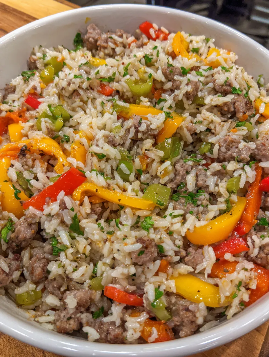 A bowl of rice with peppers and meat.