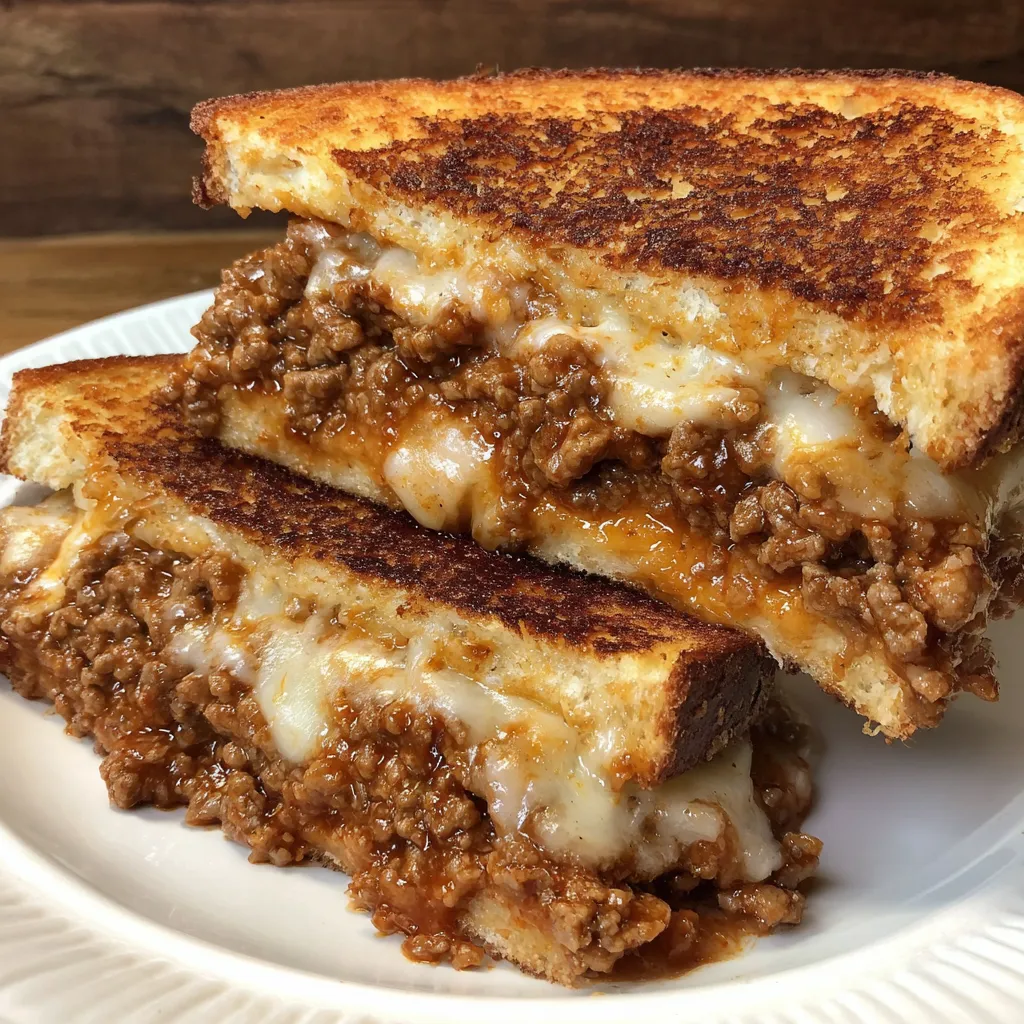 A grilled cheese sandwich with sloppy joe filling.