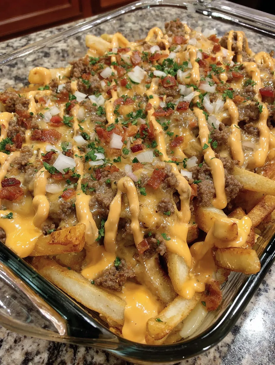 A cheeseburger french fry casserole with onions and bacon.