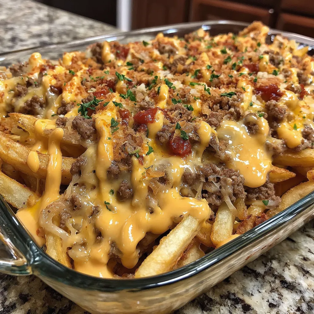 A casserole of cheeseburger and fries.