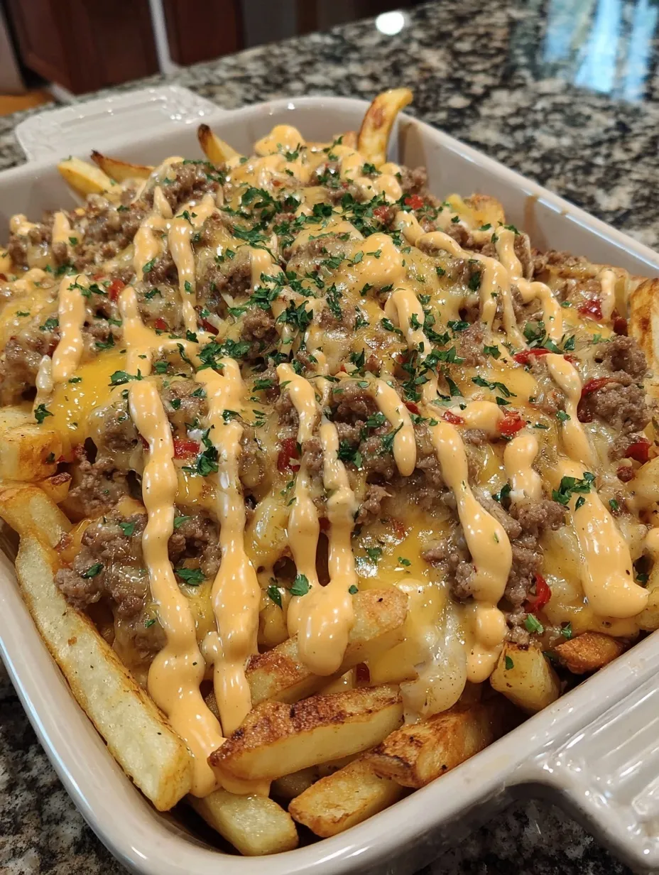 A cheeseburger french fry casserole with cheese and sauce.