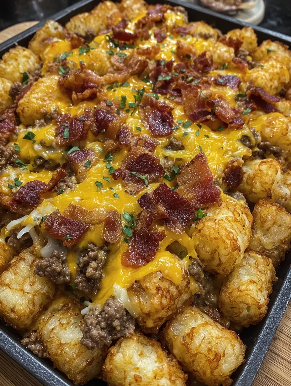 A delicious bacon cheeseburger tater tot casserole.