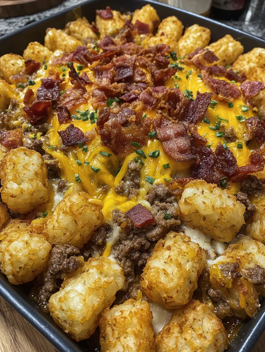A delicious bacon cheeseburger tater tot casserole.