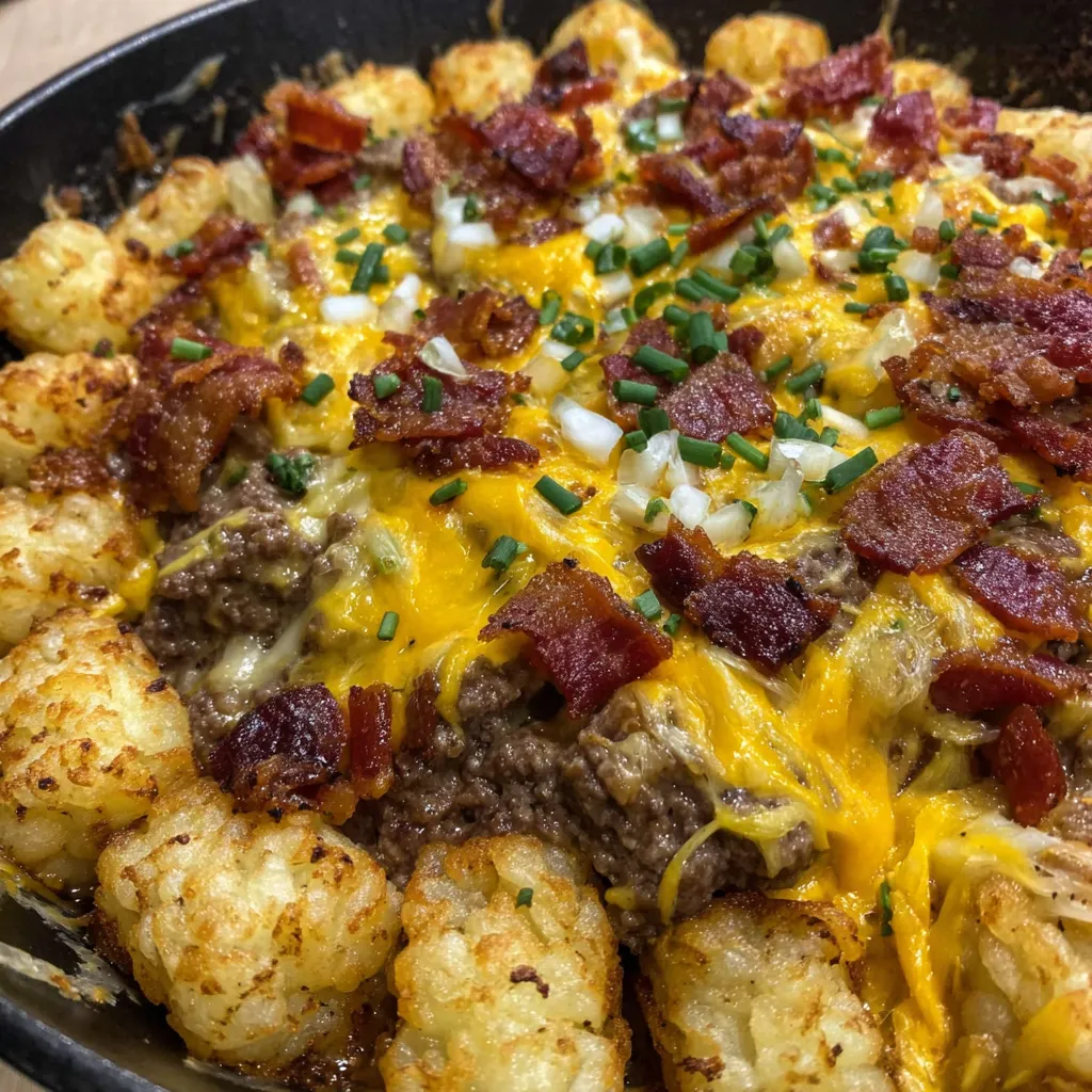 A delicious bacon cheeseburger tater tot casserole.