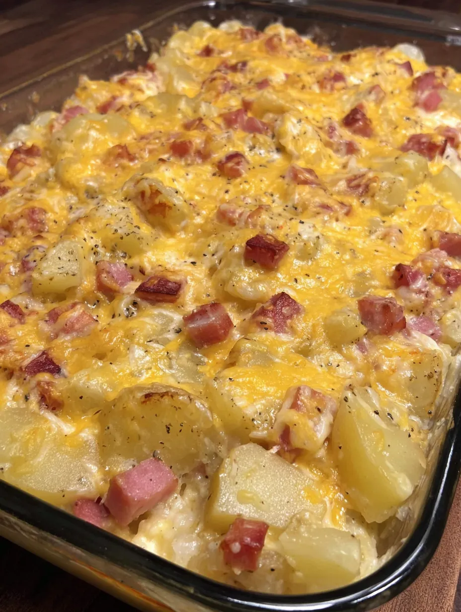 A cheesy ham and potato casserole.