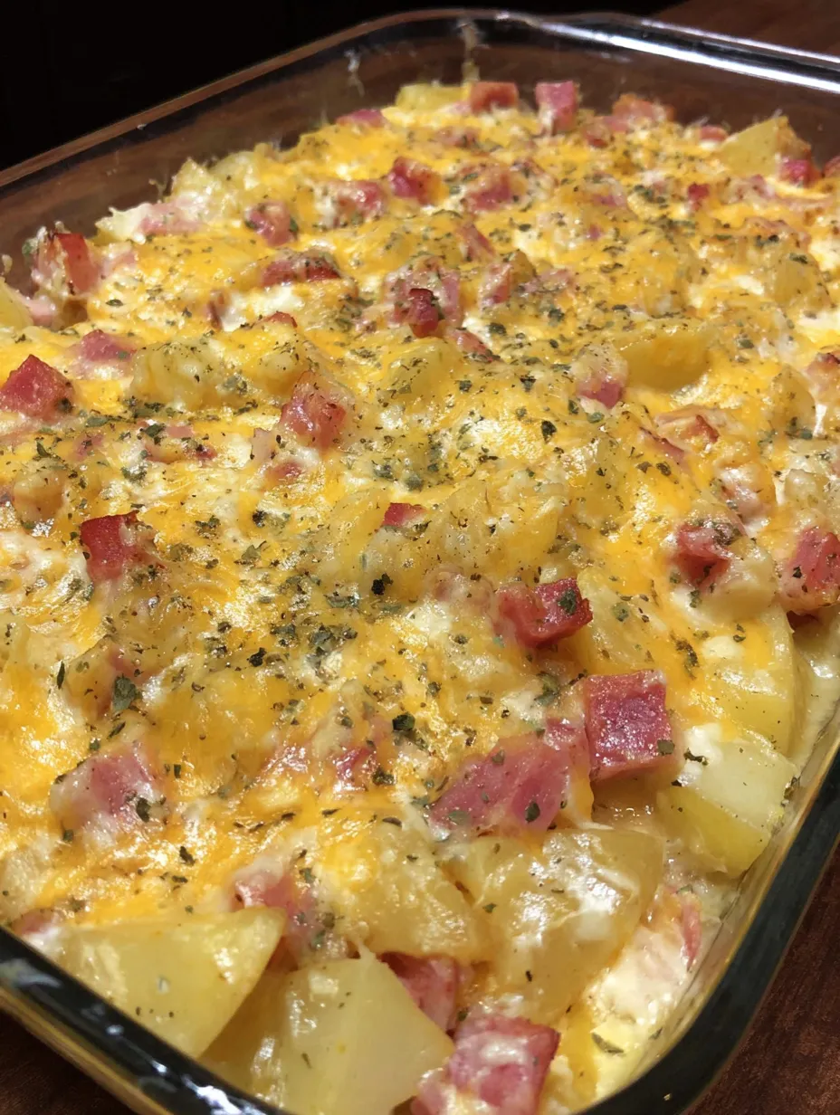 A cheesy ham and potato casserole.