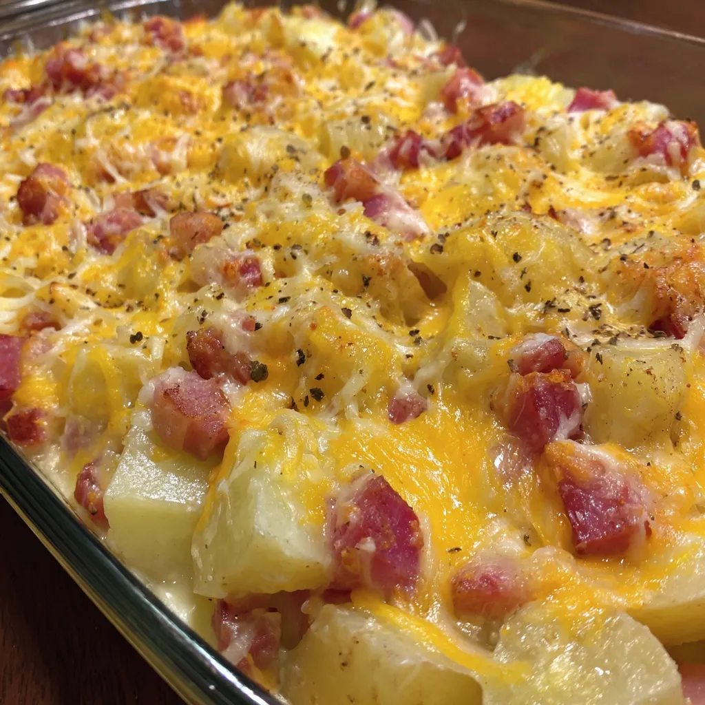 A cheesy ham and potato casserole.
