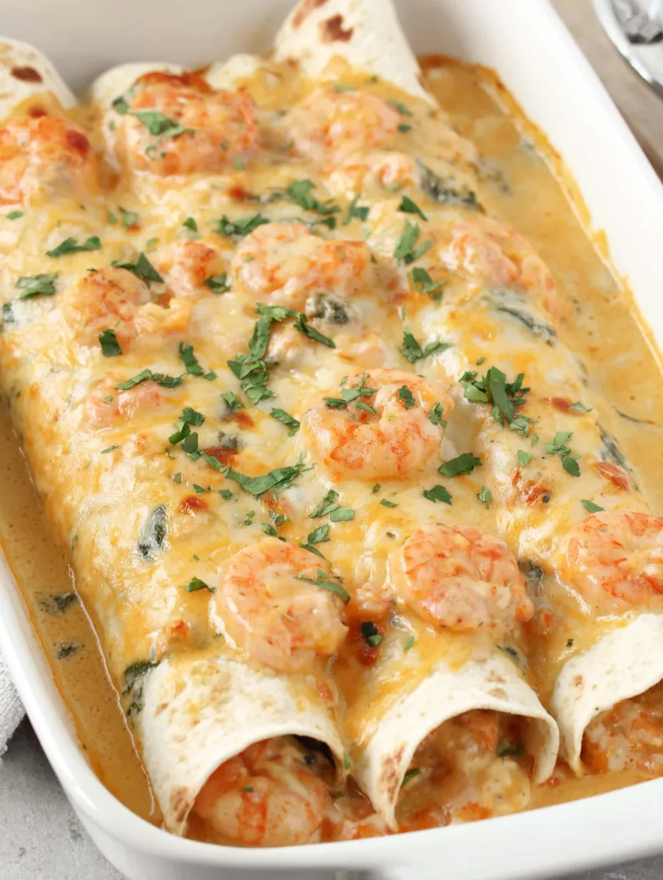 A dish of shrimp enchiladas.