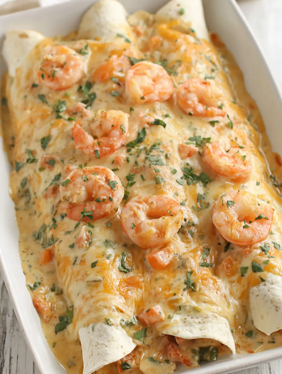 A dish of shrimp enchiladas.
