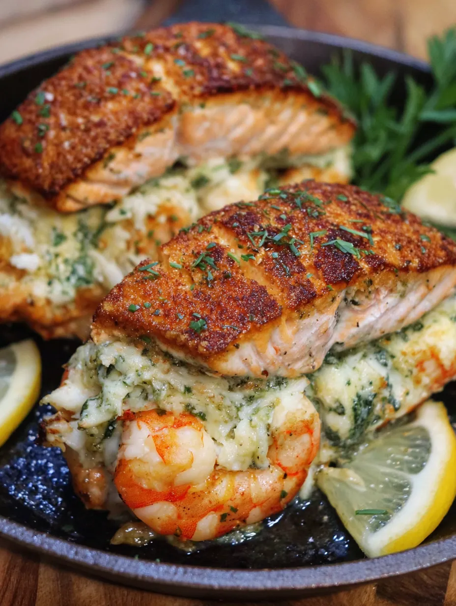 A dish of cooked crab and shrimp stuffed salmon.