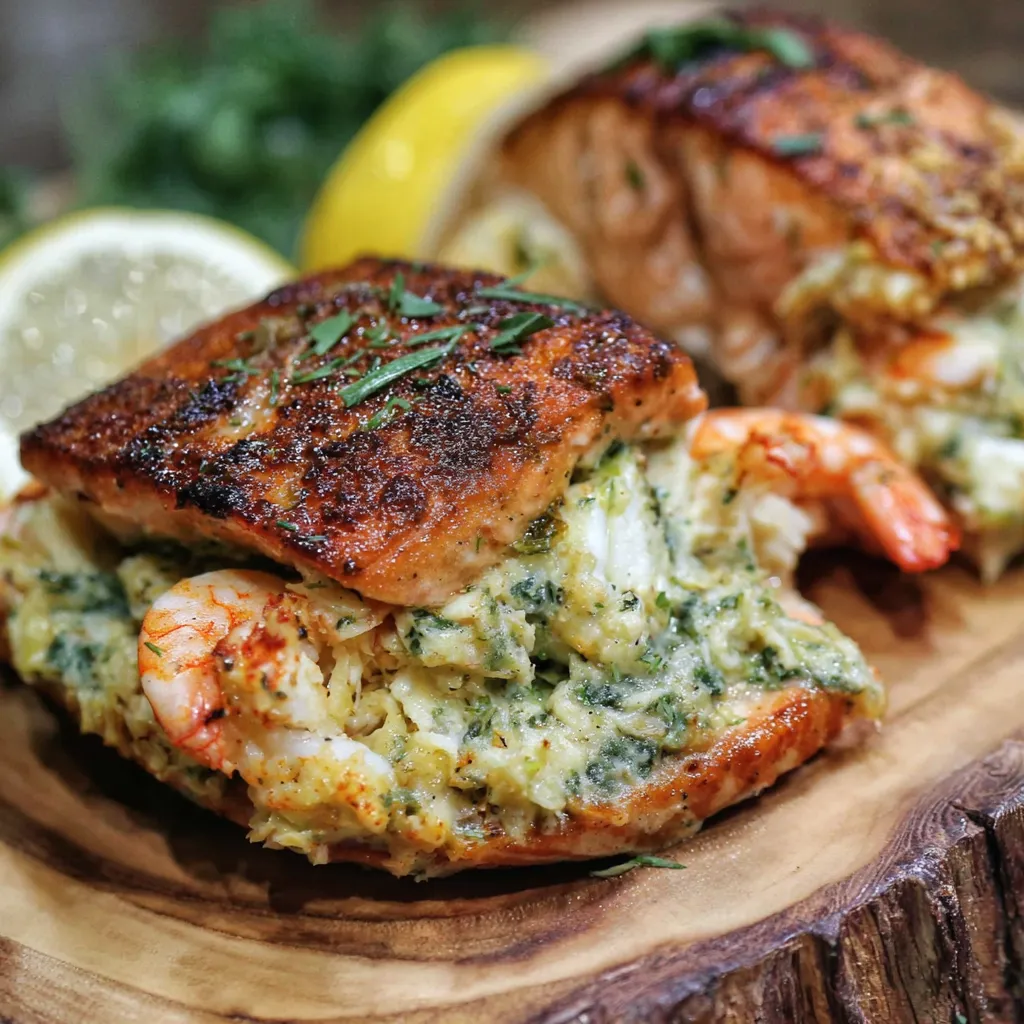 A plate of crab and shrimp stuffed salmon.