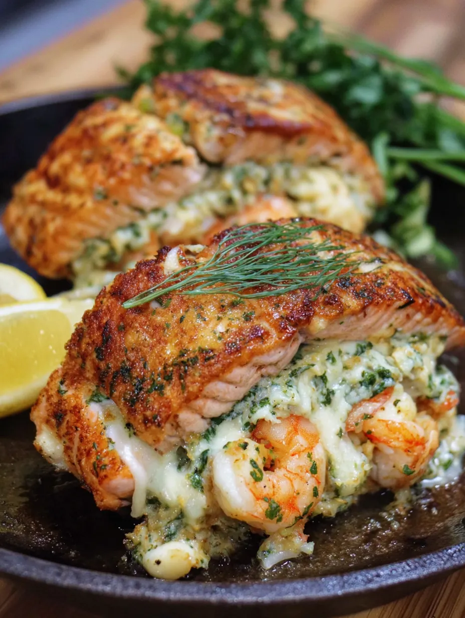 A close up of a piece of cooked fish with shrimp and crab meat on top.