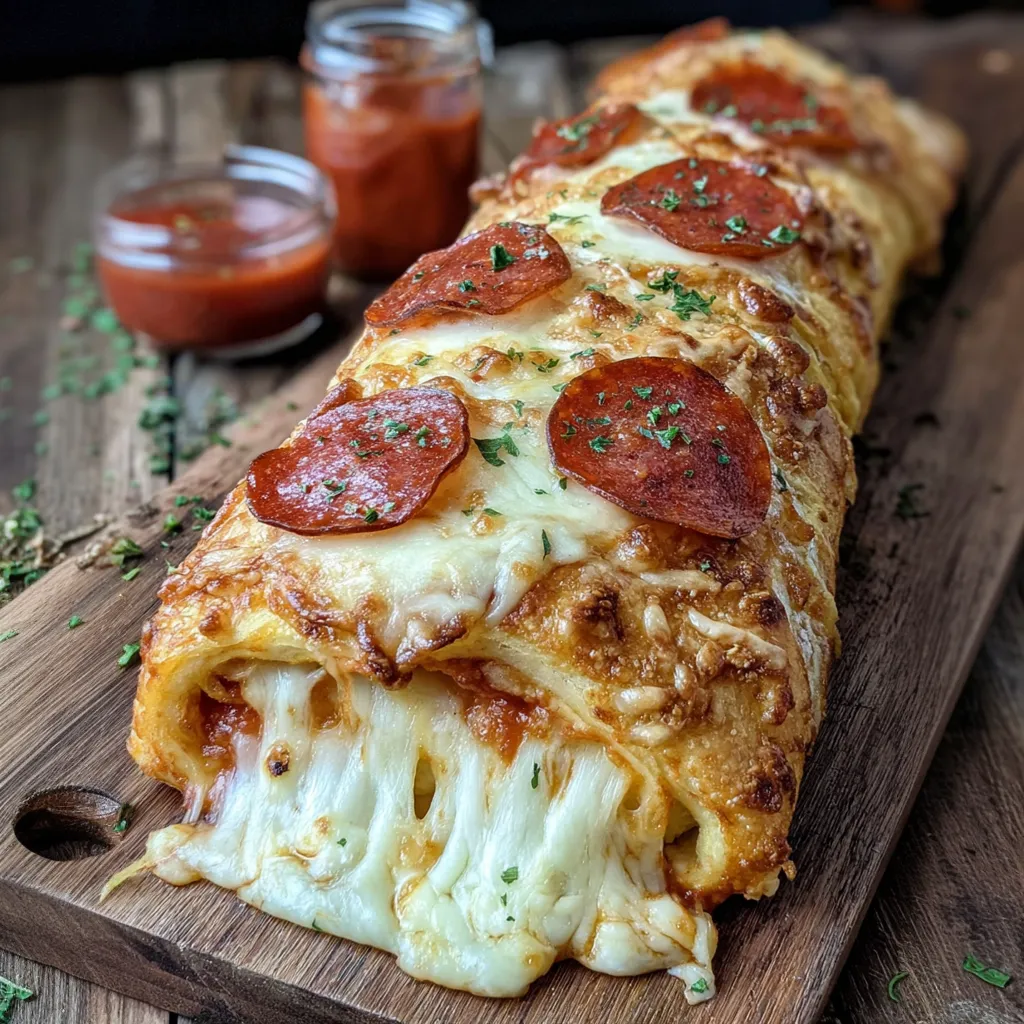 A large cheesy pepperoni stromboli on a wooden board.