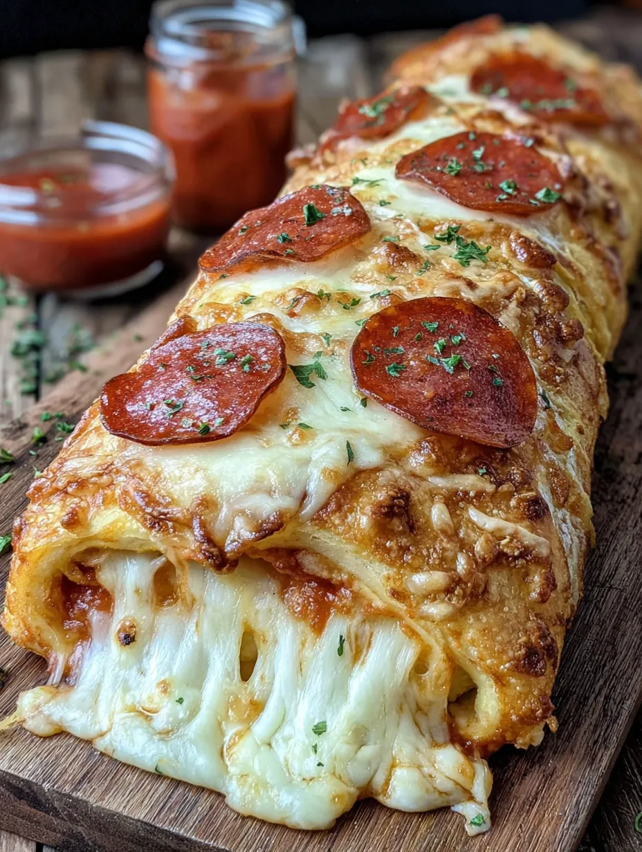 A cheesy pepperoni stromboli on a wooden board.