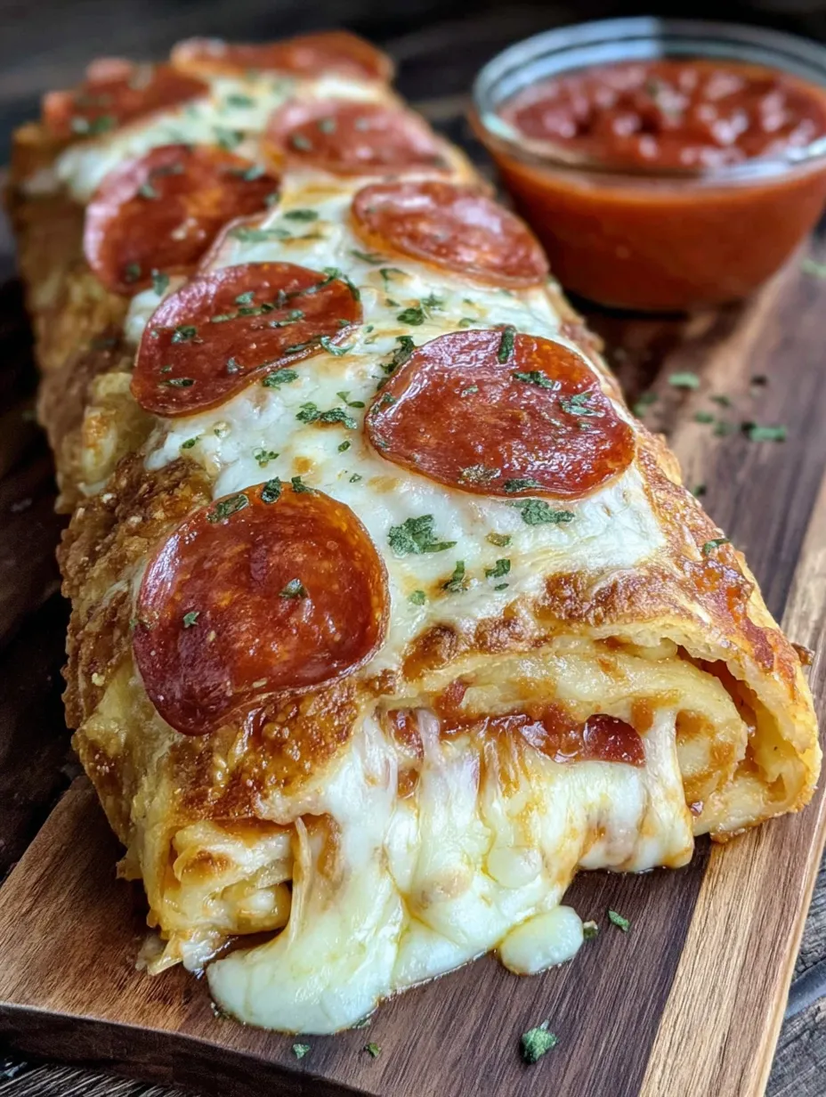 A cheesy pepperoni stromboli on a wooden board.